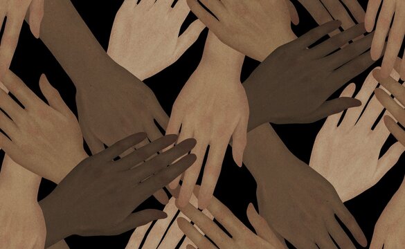 Top view of multicolored stacking hands. 