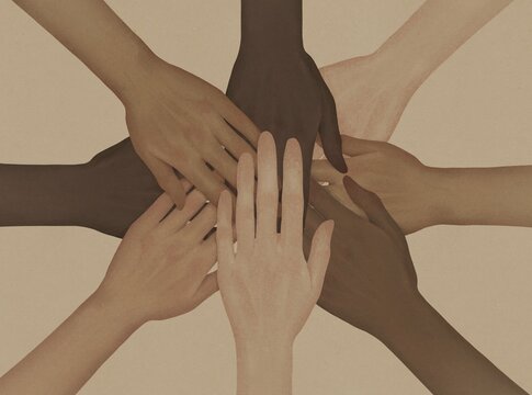 Top view of multicolored stacking hands