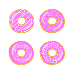 Set of cartoon pink donuts isolated on white background. Top View Doughnuts collection into glaze for menu design, cafe decoration, delivery box. Vector illustration in flat style.