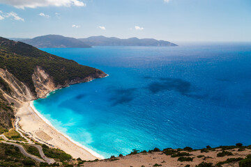 Fototapeta na wymiar A top view at Myrtos Beach and fantastic azure Ionian Sea water. Aerial view, summer scenery of famous and extremely popular travel destination in Cephalonia, Greece, Europe.