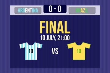 Argentina vs Brazil scoreboard broadcast template for sport soccer south america's tournament final and Jersey t-shirt vector illustration