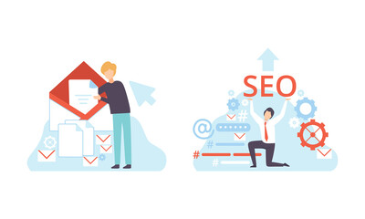 People Working on SEO Optimization, Digital Content Technology Process, Social Media Marketing Flat Vector Illustration