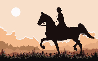 silhouette of a rider riding a  tennessee horse, isolated on a colored landscape background