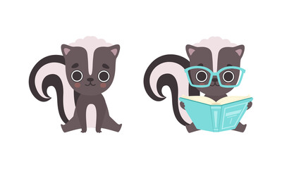 Adorable Badger Activities Set, Cute Baby Animal Character Sitting on Floor and Reading Book Cartoon Vector Illustration