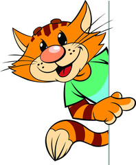 Red cat points with finger.
A vector illustration of a cartoon smiling striped red cat looks out and points with his finger.