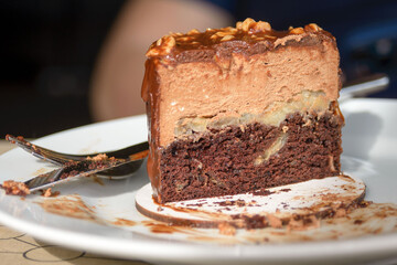Delicious chocolate cake on the dining table. Dessert to finish off the dinner at the restaurant.