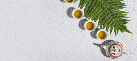 top view of tea set on concrete background 