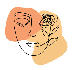 Abstract poster with minimal woman on white background with flower. One line drawing style
