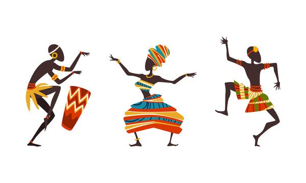 African People in Ritual Dance,s in Ethnic Traditional Clothing Dancing and Playing Drum Cartoon Vector Illustration