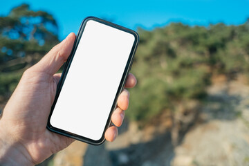 Man holds a cell phone in his hand against the backdrop of a forest landscape. Cell phone screen...