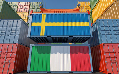 Fototapeta premium Container Terminal. Two cargo Container with Sweden and Italy national flags. 3D Rendering