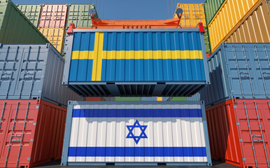 Container Terminal. Two cargo Container with Sweden and Israel national flags. 3D Rendering
