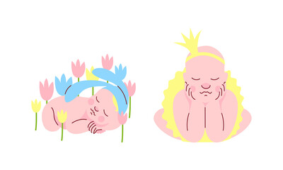 Cute Lovely Newborn Boy and Giel Sleeping in Flowers Set Cartoon Vector Illustration