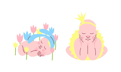 Cute Lovely Newborn Boy and Giel Sleeping in Flowers Set Cartoon Vector Illustration