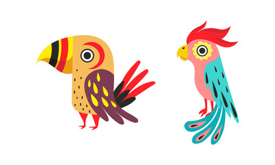 Fototapeta premium Bright Colorful Exotic Tropical Birds Set Cartoon Vector Illustration