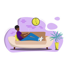 African male character sitting on the couch with a laptop and working in the living room. Man sitting with knees up on couch and using laptop. Working from home. Freelance and remote working concept.