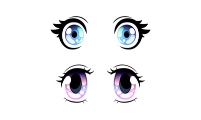 Beautiful Blue and Violet Eyes with Shiny Light Reflections Set, Cute Expressive Eyes in Anime Manga Style Cartoon Vector Illustration