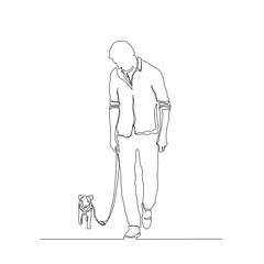continuous line drawing of man walking with her dog. man and dog lineart with active stroke.