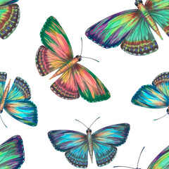 Watercolor, colorful butterflies on a white background. Bright butterflies, seamless pattern. Suitable for design, scrapbooking, wrapping paper, print, packaging.