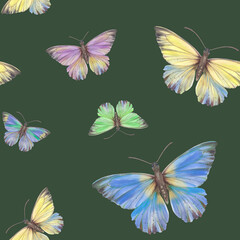 Fototapeta na wymiar Watercolor, colorful butterflies on a green background. Bright butterflies, seamless pattern. Suitable for design, scrapbooking, wrapping paper, print, packaging.