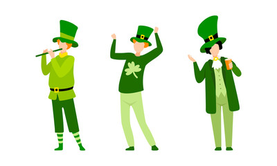 Set of Young Men in Green Irish Traditional Costumes Celebrating Saint Patrick s Day Holiday Cartoon Vector Illustration