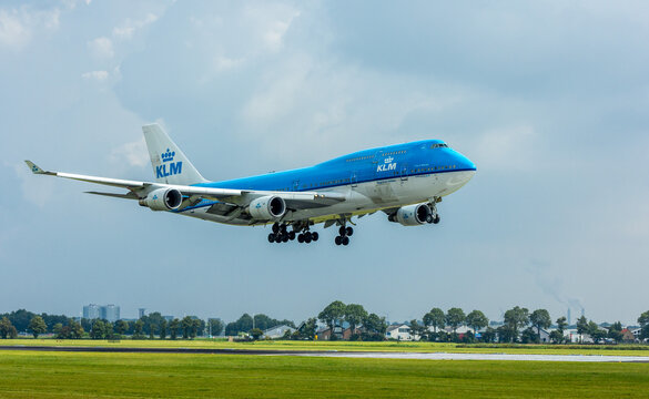 Polderbaan Schiphol Airport, the Netherlands - August 20, 2016: KLM Air France Boeing 747 landing at Amsterdam Schiphol Airport