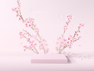 A realistic scene with a pedestal in pastel pink colors. Square platform with frosted glass and flowers in the background for product demonstration.