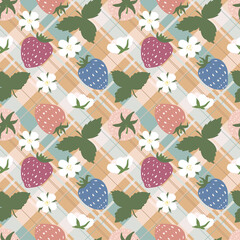 Checkered tablecloth. Seamless checkered pattern with cute strawberries and flowers. Picnic Illustration. Fabric texture. Checkered plaid. Summer illustration with fruit and berries.