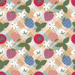 Checkered tablecloth. Seamless checkered pattern with cute strawberries and flowers. Picnic Illustration. Fabric texture. Checkered plaid. Summer illustration with fruit and berries.
