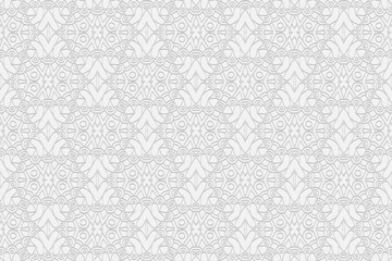 3D volumetric convex embossed geometric white background. Ethnic ornament. Pattern based on oriental motives. Creative handmade style. Vector graphics for wallpaper, business cards, presentations.