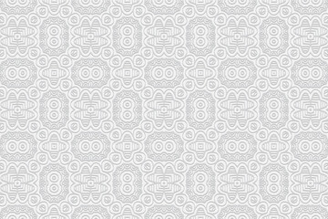 3D volumetric convex embossed geometric white background. Ethnic ornament. Pattern based on oriental motives. Exotic handmade style. Vector graphics for wallpapers, business cards, presentations.