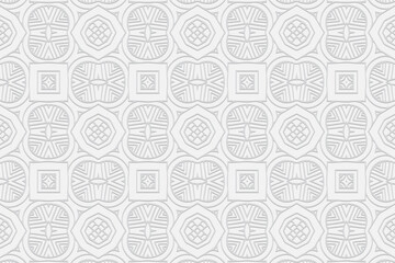 3D volumetric convex embossed geometric white background. Ethnic ornament. Pattern based on oriental motives. Beautiful handmade style. Vector graphics for wallpapers, business cards, presentations.