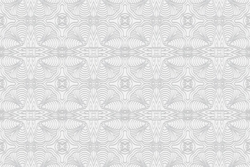 3D volumetric convex embossed geometric white background. Ethnic ornament. Pattern based on oriental motives. Spectacular handmade style. Vector graphics for wallpapers, business cards, presentations.