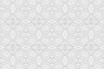 3D volumetric convex embossed geometric white background. Ethnic ornament. Pattern based on oriental motives. Handmade art style. Vector graphics for wallpaper, business cards, presentations.