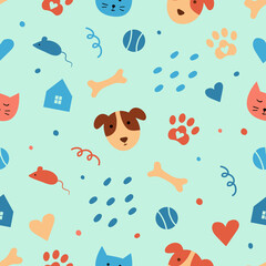 Seamless pattern with cute pets on a blue background. Vector illustration with cats and dogs and cute elements. Perfect for advertising a shelter,for pets shop decoration or pets products packing