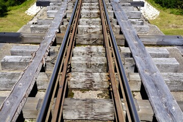 The old railway. Wooden sleepers. Steel rails