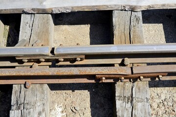 The old railway. Wooden sleepers. Steel rails