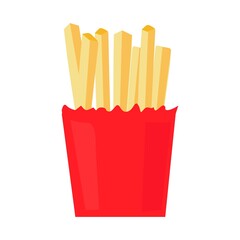 Package with yellow fried potatoes. Pieces of French fries.