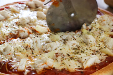 Homemade pizza with crab seafood is delicious.