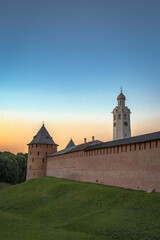 The evening view of old stone fortress Kremlin in Novgorod
