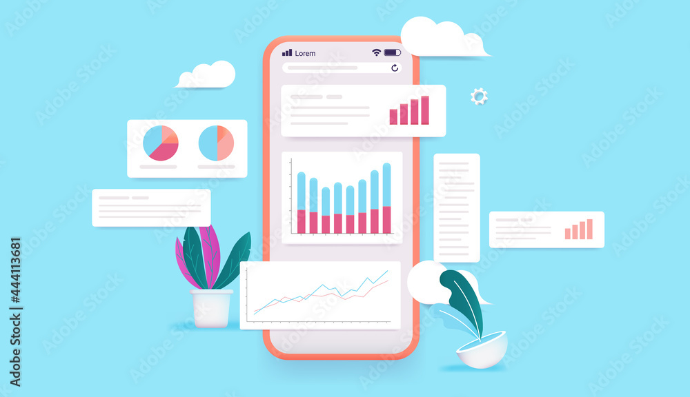 Fototapete Smartphone with graphs and charts - Phone with screen full of data and infographic graphic elements. Colourful vector illustration.