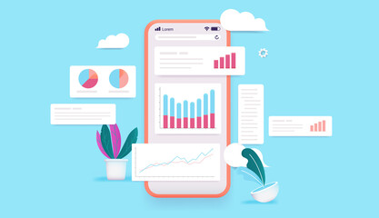 Smartphone with graphs and charts - Phone with screen full of data and infographic graphic elements. Colourful vector illustration.