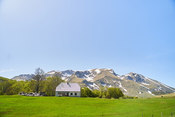 Fototapeta na wymiar A lonely house in a green meadow against the backdrop of a mountain with snow. Montenegro