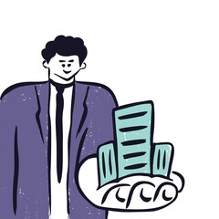 The real estate agent holding a modern building on his palm. Concept of real estate service. Cool hand drawn style vector illustration of house for rent, for sale, residential property market.
