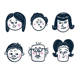Funny faces set. The avatars with different emotions. Cute vector illustration in hand drawn style.