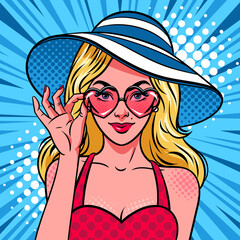 Woman in heart shaped sunglasses and summer hat. Comic style, pop art vector illustration.