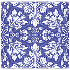 Azulejos - Portuguese tiles blue watercolor pattern. Traditional tribal ornament. Capri Maiolica