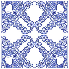 Azulejos - Portuguese tiles blue watercolor pattern. Traditional tribal ornament. Capri Maiolica