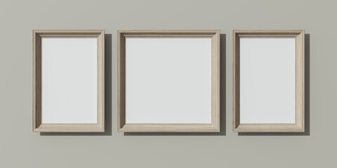 Wooden frames on painted wall. 3D render square wooden frame mock up. Empty interior. Blank. 3D illustration. 3D design interior. Template for business.