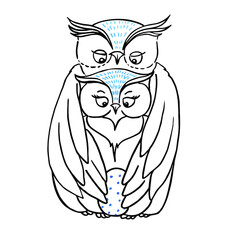 Family of owls with spotted egg. Black and white linear freehand drawing, vector image.